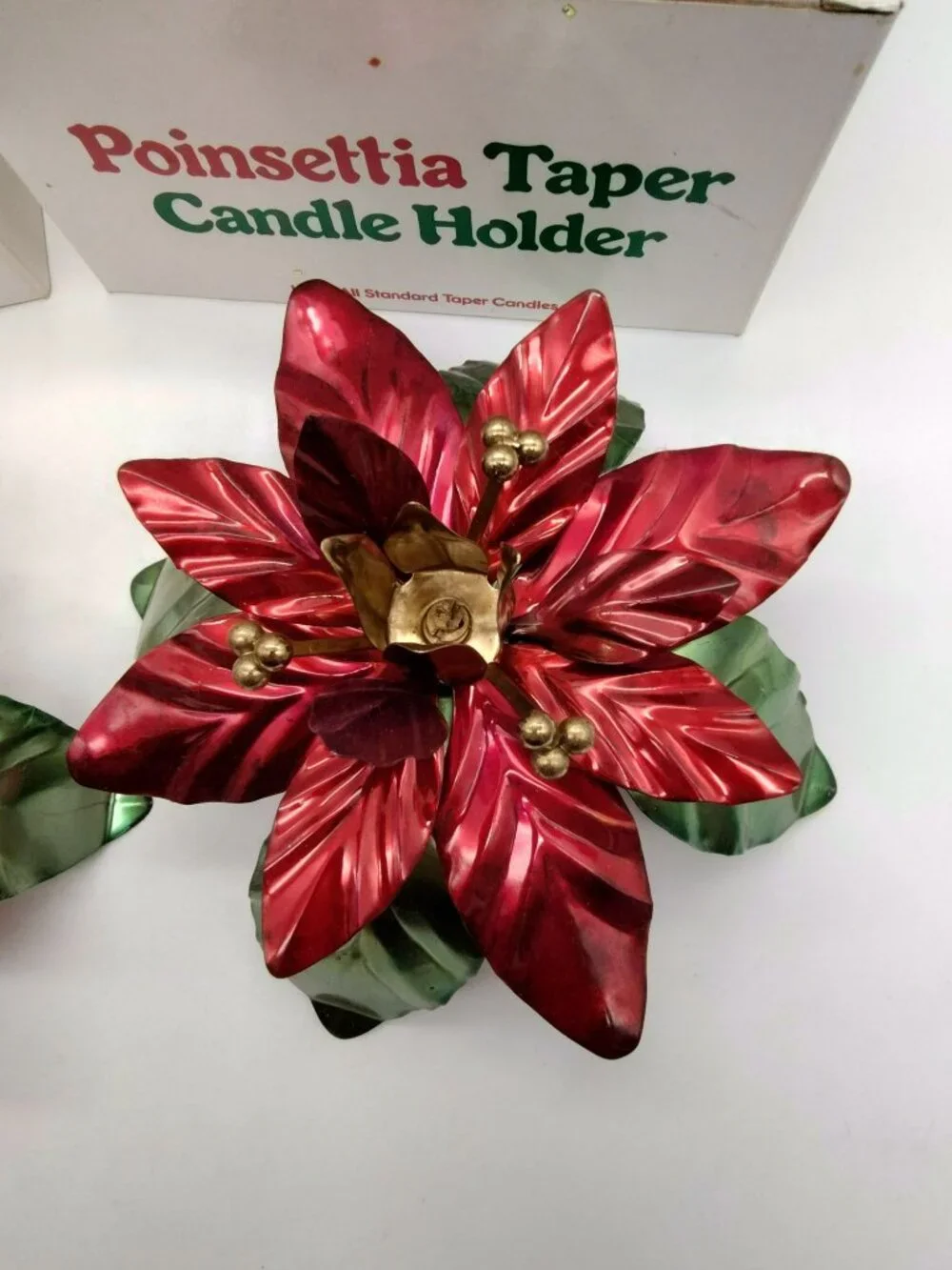 2 Vintage Christmas Taper Candle Holders Shiny metal Poinsettia Flower, Orig Box